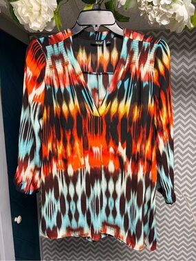a.n.a Orange, Teal & Black Ikat V-Neck Blouse